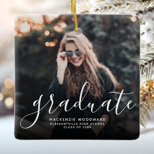 Moderne witte handgeschreven foto afstuderen keramisch ornament