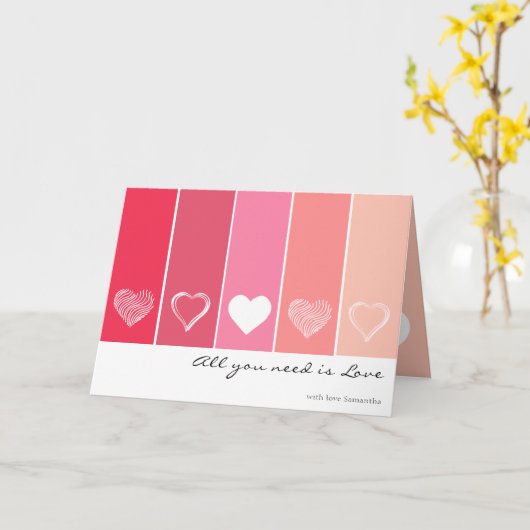 Moderne witte harten rode en roze strepen Valentij Kaart (Gele Bloem)