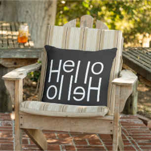 Moderne witte hello welcome woordkunst op zwart buitenkussen