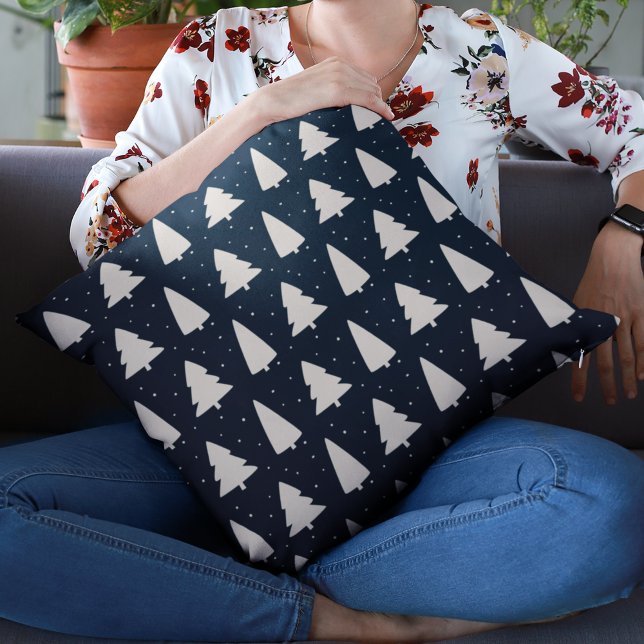 Moderne witte kerstbomen klassieke blauwe feestdag kussen (Creator heeft geüpload)