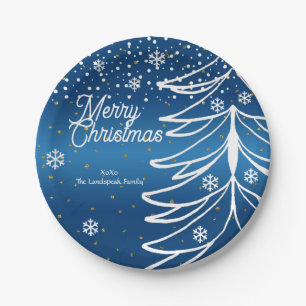 Moderne Witte Kerstboom & Sneeuwvlokken Papieren Bordje