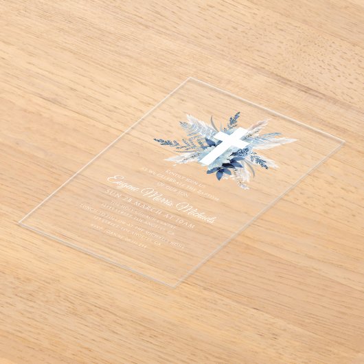 Moderne witte kruis blauwe bloemen toewijding acryl uitnodigingen (Laagn)