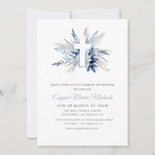 Moderne Witte Kruis Blauwe Bloemen Toewijding Kaart (Voorkant)