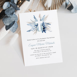 Moderne Witte Kruis Blauwe Bloemen Toewijding Kaart