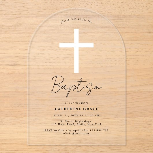 Moderne Witte Kruis doop en doop Acryl Uitnodigingen (Voorkant)