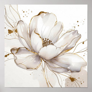 Moderne Witte Magnolia Gouden Lijn Kunst Bloemige  Poster