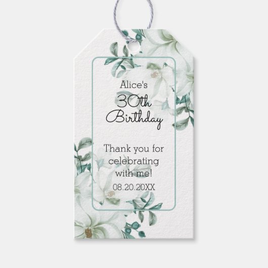 Moderne witte Magnolia groen 30e verjaardag Cadeaulabel (Voorkant)