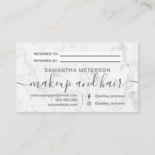 Moderne, witte marmer make-up professioneel aanbevelingskaartje (Achterkant)