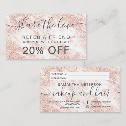 Moderne witte marmer make-up roos goudglitter aanbevelingskaartje (Voorkant / Achterkant)