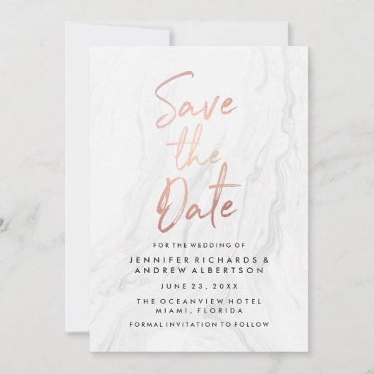 Moderne witte marmer Roos Gold Script Save the Dat Date (Voorkant)
