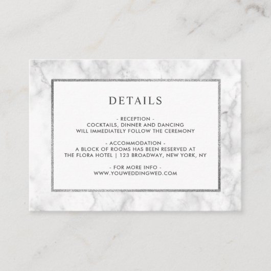 Moderne witte marmeren bruiloft details informatiekaartje (Voorkant)