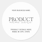 Moderne witte minimalistische aangepaste productet ronde sticker (Voorkant)