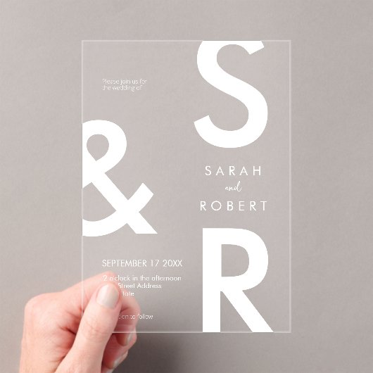 Moderne witte monogram bruiloft acryl uitnodigingen (Insitu (Draagbaar))