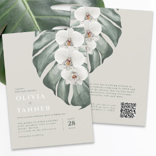 Moderne witte orchideeën QR code Tropische bruilof Kaart