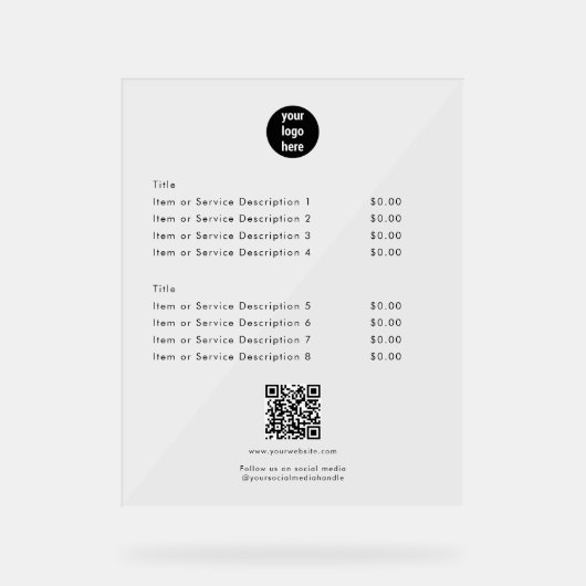 Moderne witte prijslijst QR-code Sociale media Acryl Bord (Voorkant)