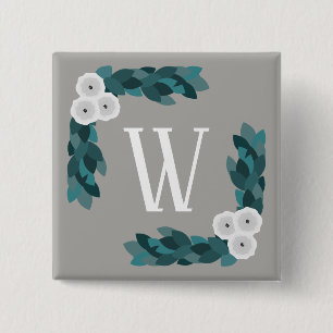 Moderne witte Ranunculus Flowers & Foliage Monogra Vierkante Button 5,1 Cm