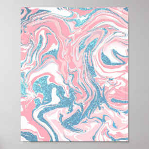 Moderne witte roze blauwe glitter marmer poster