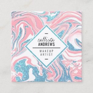 Moderne Witte Roze Hemel Blauw Glitter Marmeren Ma Vierkante Visitekaartje