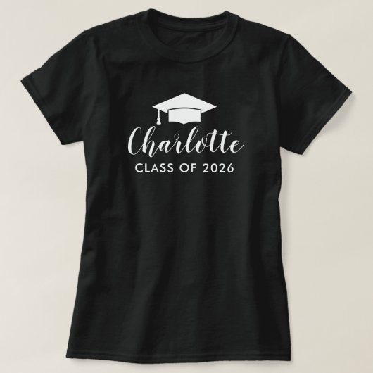 Moderne witte script naam grad cap 2026 t-shirt (Design voorkant)