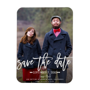 Moderne witte script save the date huwelijksfoto magneet