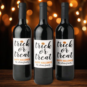 Moderne witte Trick or Treat Script familienaam Wijn Etiket