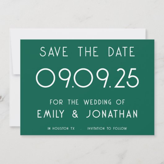 Moderne witte typografie smaragd bruiloft save the date (Voorkant)