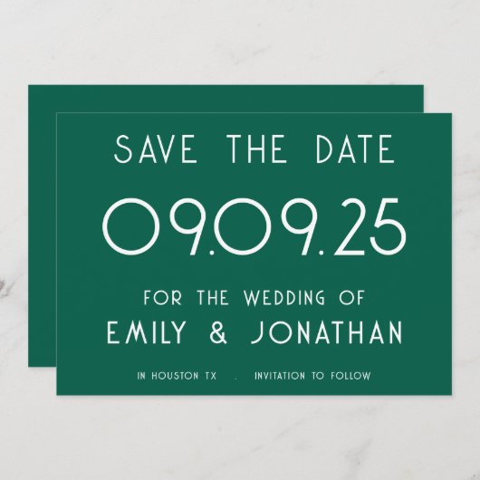 Moderne witte typografie smaragd bruiloft save the date (Voorkant / Achterkant)