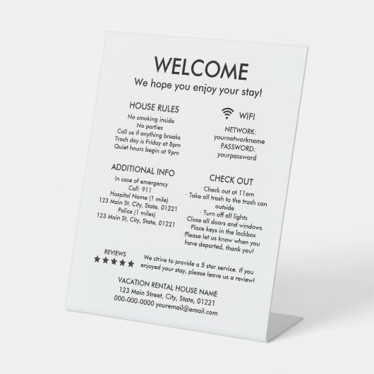 Moderne witte vakantiewoning huisregels welkom reclamebord met voetstuk (Voorkant)