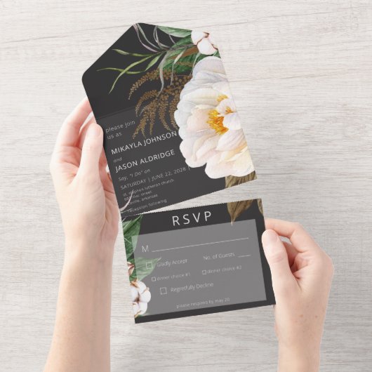 Moderne witte volken op zwart diner all in one uitnodiging (Afscheurbaar)