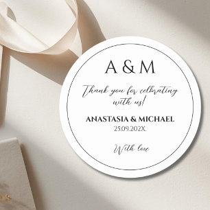 Moderne witte zwarte minimalistische bruiloft ronde sticker