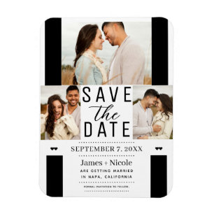 Moderne Witte Zwarte Save the Date 3 Foto Huwelijk Magneet