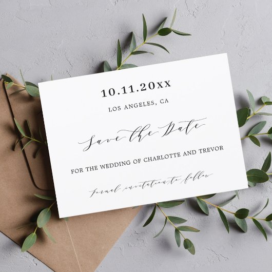 Moderne witte zwarte script trouwkaart save the date