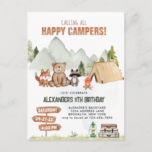 Moderne Woodland Happy Camper Camping Kids Verjaar Briefkaart (Voorkant)