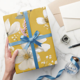 Moderne Zachte Gele Bloem Witte Bloemmotief Cadeaupapier