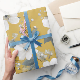 Moderne Zachte Gele Bloem Witte Bloemmotief Cadeaupapier