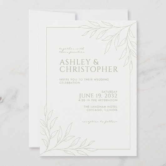 Moderne zachte salie groen loof omtrek bruiloft kaart (Voorkant)