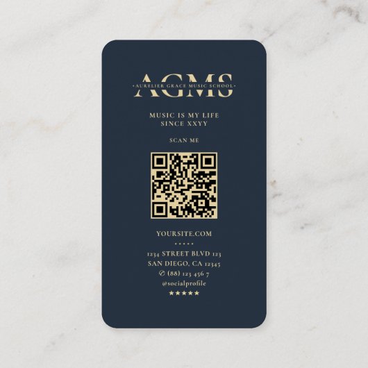 Moderne zangeres Monogram Muziekleraar Blauw Goud Visitekaartje (Achterkant)
