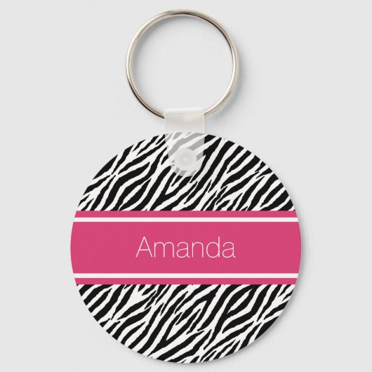 Moderne zebraafdruk met roze streep en naam sleutelhanger (Voorkant)