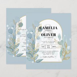 Moderne Zee Glass Aqua Gold Leaves Wedding Invite