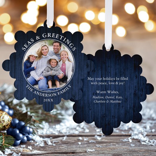 Moderne Zeeen en Groeten Blue Wood Print Ornament Kaart