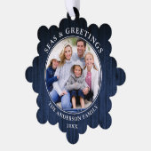 Moderne Zeeen en Groeten Blue Wood Print Ornament Kaart (Links)