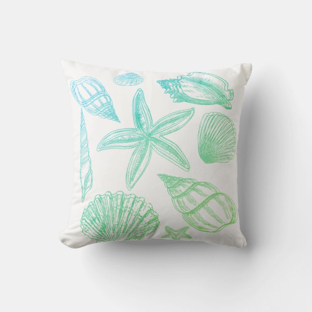 Moderne Zeeschelp Blauw Groen Wit Ombre Strandsche Kussen (Voorkant)