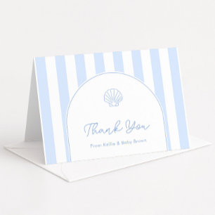 Moderne zeeschelp blauw witte boog baby shower bedankkaart