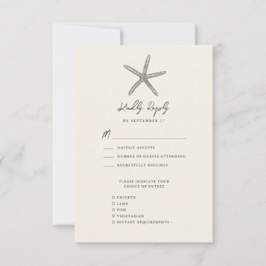 Moderne zeesterren strand oceaan bestemming bruilo RSVP kaartje (Voorkant)