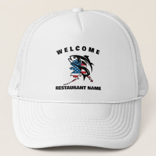 Moderne zeevruchten welkom zalm Alaska USA vlag na Trucker Pet