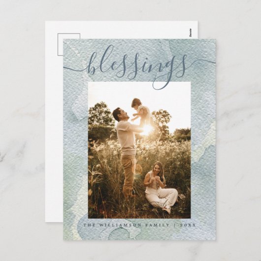 Moderne Zegeningen Blauw Waterverf Kerstvakantie Feestdagenkaart (Voorkant / Achterkant)