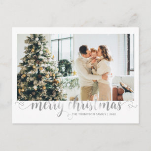 Moderne Zilver Prettig Kerstmis Hart Script Foto Feestdagenkaart