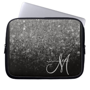 Moderne Zilver & Zwarte Glitter Ombre Monogram Laptop Sleeve