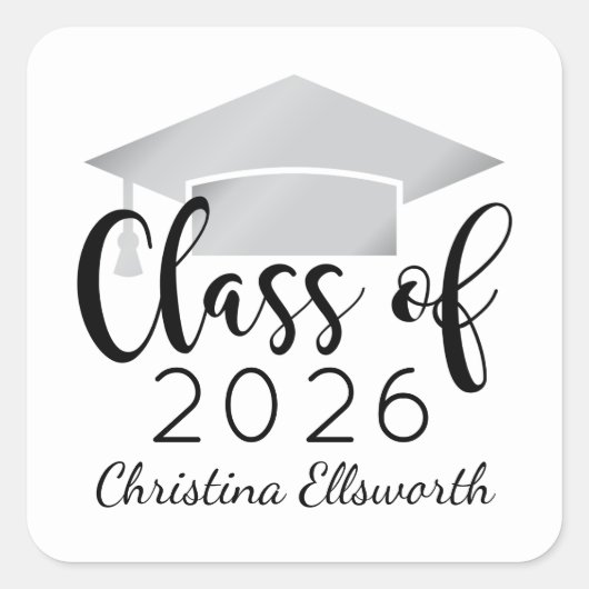 Moderne Zilveren 2026 Custom Afstudeeruitnodiging Vierkante Sticker (Voorkant)