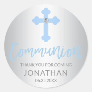 Moderne Zilveren Blauwe Kruis COMMUNION Jongen Dan Ronde Sticker